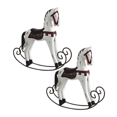 LALADEFIEE 2pcs Handmade Wooden Rocking Horse Ornament Vintage Style Animal Decor for Home Chic Waddle Horse Desktop Adornment White Color