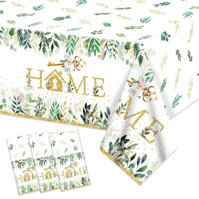 3 PCS House Warming Party Tablecloth Home Sweet Home Birthday Decorations Table Cover Housewarming Rustic Floral Plastic Rectangle Party Tablecloth for New House Wedding Party Supplies, 54 x 108 Inch