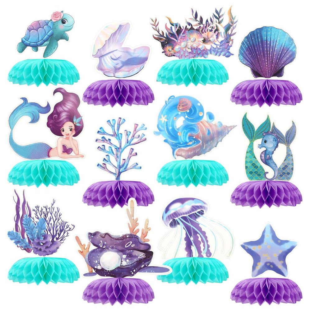 12 Pcs Mermaid Honeycomb Centerpiece, Mermaid Birthday Party Under The Sea Table Decorations Supplies for Ocean Mermaid Theme Birthday Baby Shower Party