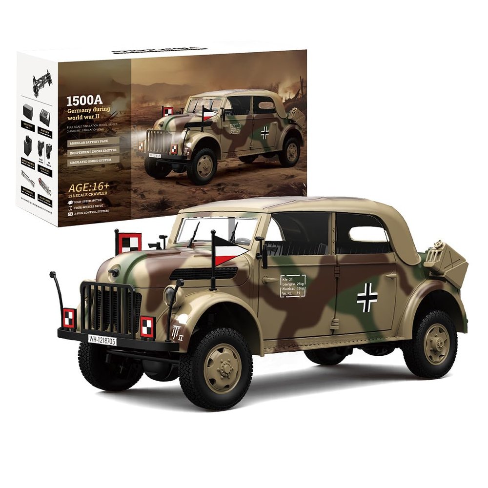 BrickCraftWorks 1/18 2.4Ghz RC World War II 4WD Military Vehicle Model Electric Brushed Simulation Car with Light, RC Military Simulation Vehicle Collection Hobbyist Gift (RTR Version)