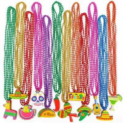 100PCS Cinco de Mayo Necklace Decorations, Fiesta Mexican Beads Decorations, 12 Kinds Metallic Mexican Party Decor Necklace, Fiesta Cactus Pinata Maracas Accessories for Cinco de Mayo Party Favors