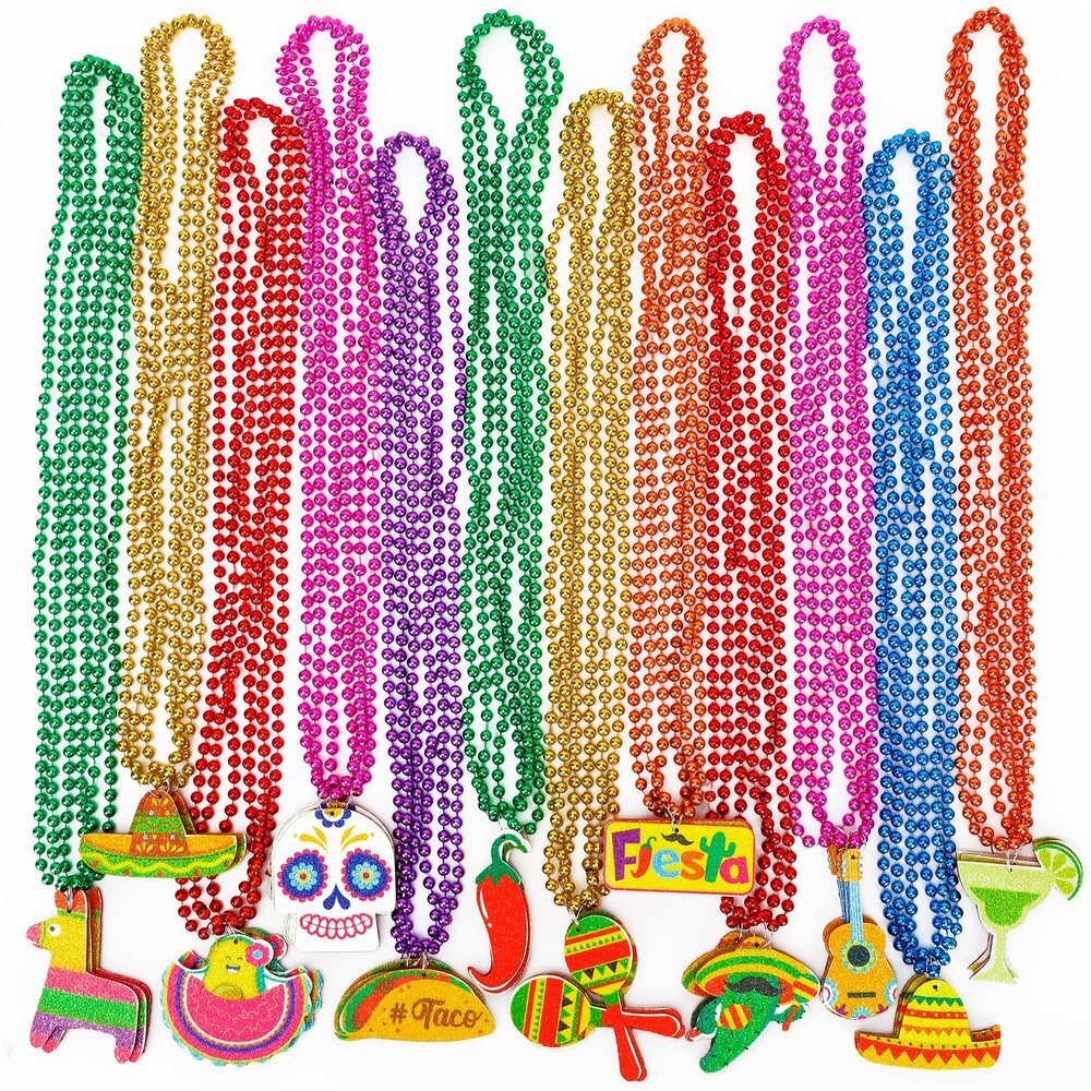 100PCS Cinco de Mayo Necklace Decorations, Fiesta Mexican Beads Decorations, 12 Kinds Metallic Mexican Party Decor Necklace, Fiesta Cactus Pinata Maracas Accessories for Cinco de Mayo Party Favors