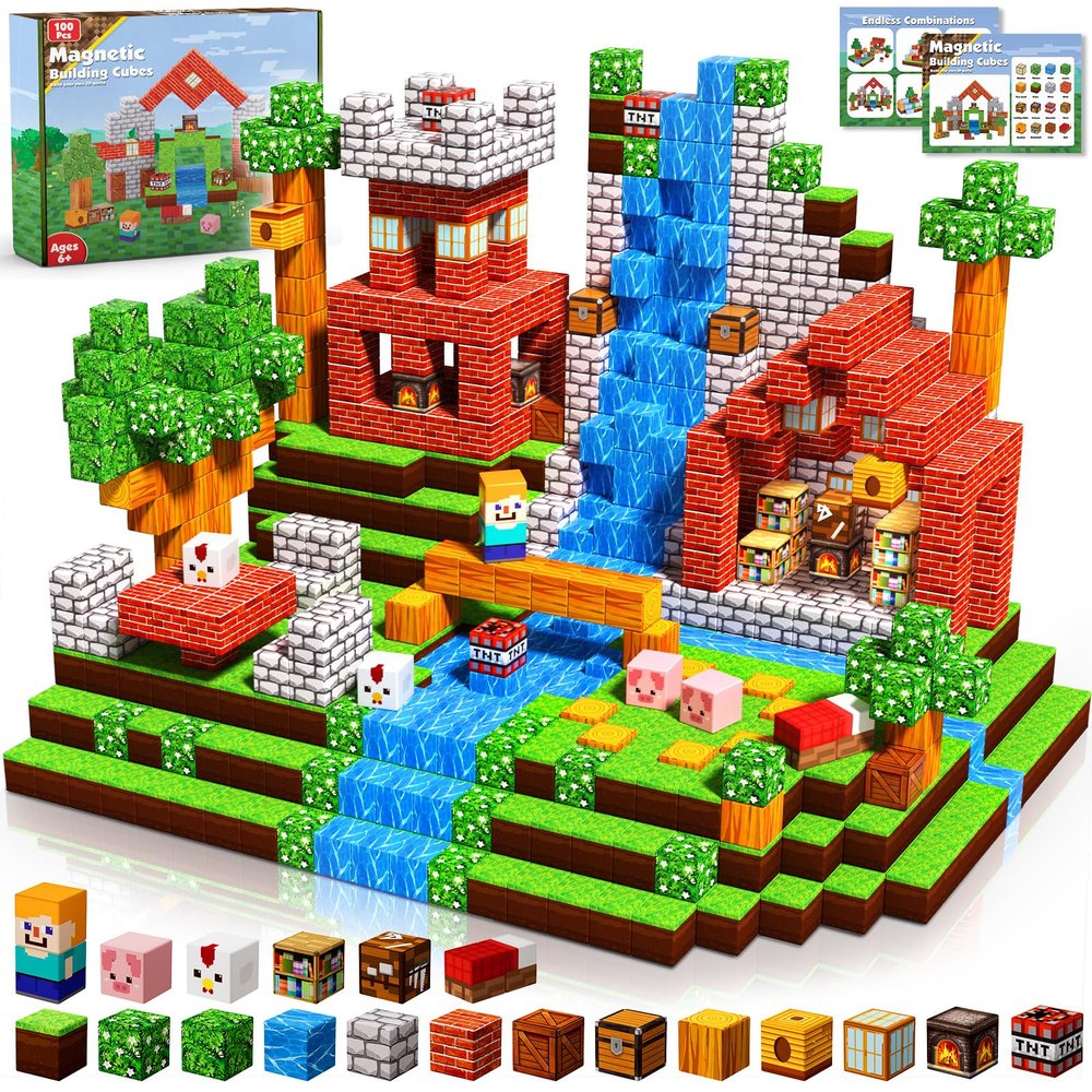 Annexfun Magnetic Blocks-100PCS Grassland Building Blocks Set, Kids Classroom Sensory Toy, STEM Learning, Construction Stacking Toy for Kids 3+ Boys & Girls Easter Christmas Birthday Gifts