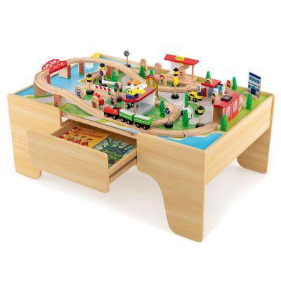 MAT EXPERT Train Table, Wooden Kids Activity Table w/Storage, 84 PCS Toys, Table Map & Drawer for Building, Race Track Toy Car, Toddler Play Toy Train Table Set w/Reversible Tabletop, Boys & Girls
