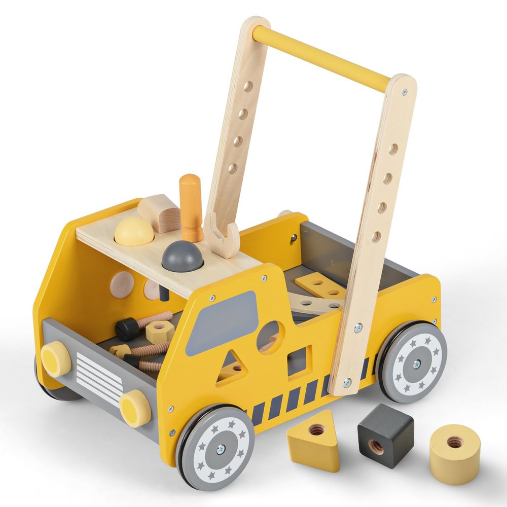 BABY JOY Wooden Baby Walker, Pretend Play Tool Bench, Push and Pull Learning Walker Activity Center, Toddler Montessori Educational Toy for Boys Girls