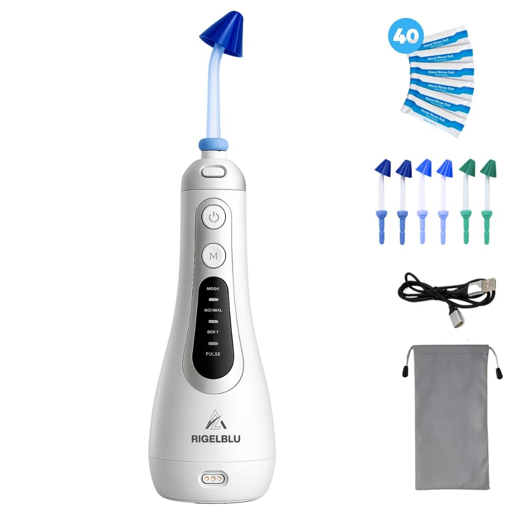 Cordless Nasal Irrigator  Electric Sinus Rinse Kit with 3 Pressure Modes, 6 Tips & 40 Salt Packs for Congestion Relief, Gift for Mom, Dad & Friends