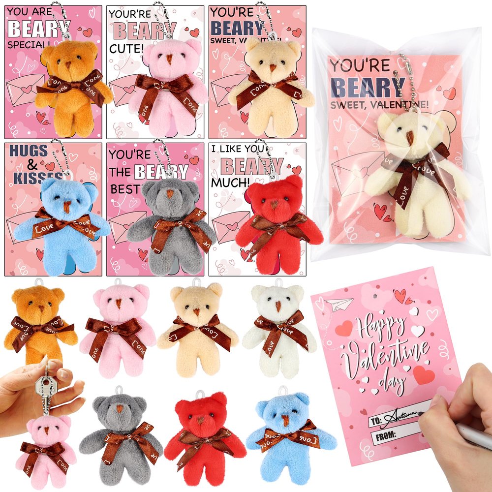 28 Pack Valentines Day Gifts for Kids Classroom Valentines Cards for Kids School Mini Bear Plush Toys Keychains Valentines for Boys Girls Class Valentines Exchange Cards Valentine Party Favors Prizes