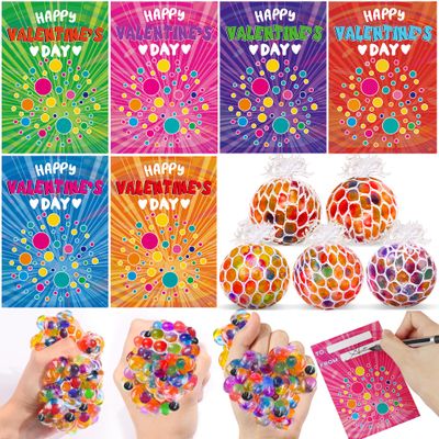 24 Pack Valentines Day Gifts for Kids Classroom Fidget Stress Balls with Valentines Cards Stress Relief Toys Squeeze Ball for Kids Boys Girls School Exchange Cards Gifts Valentines Party Favors Prizes