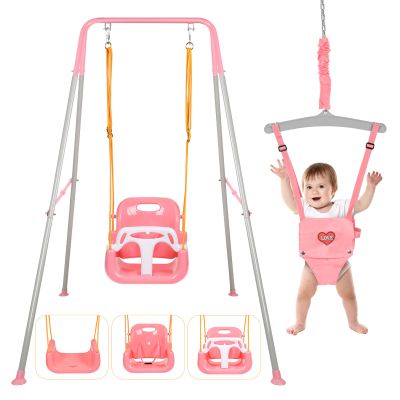 4-in-1 Swing Set & Baby Jumper and Bouncer for Toddler, Heavy Duty Baby Swing Set with Foldable Metal Stand for Indoor & Outdoor Play, Adjustable Swingset for Toddler (Pink)