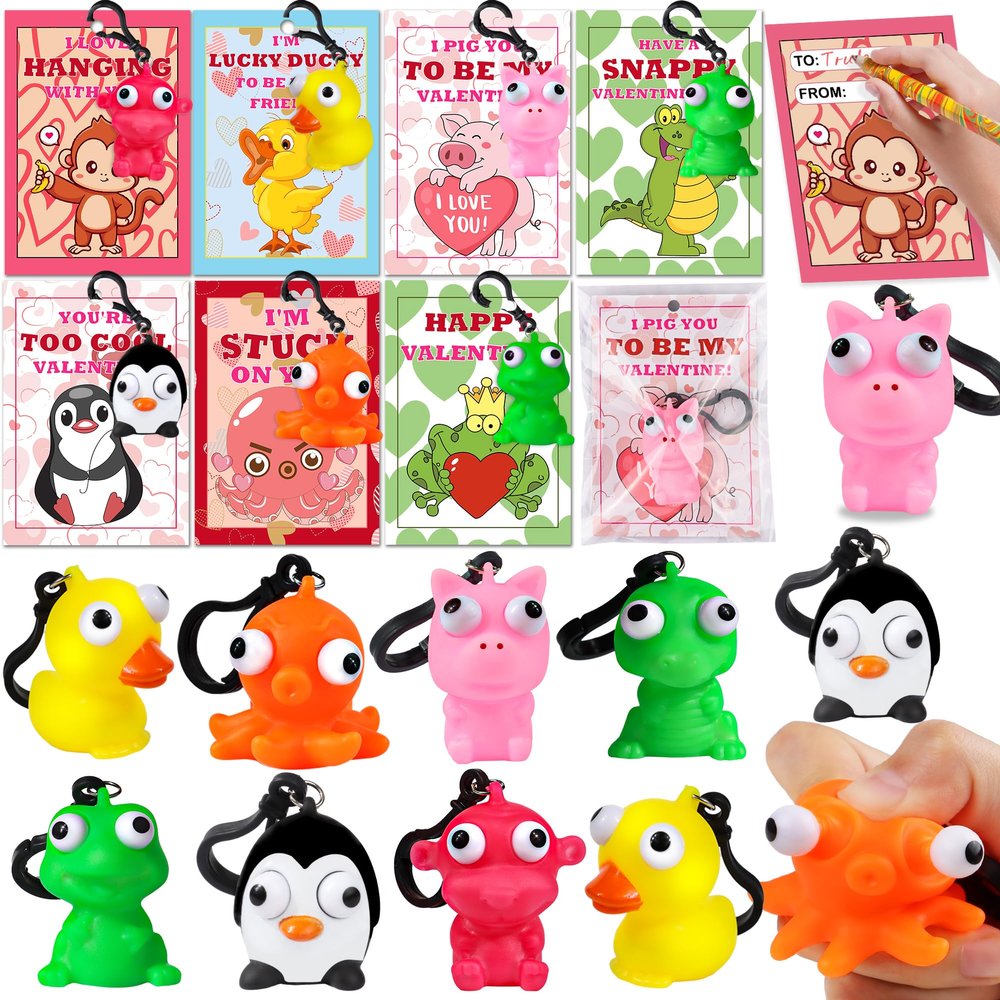 28 Pack Valentines Day Cards for Kids Classroom Valentines Day Gifts for Kids School with Poping Eye Animals Keychain Valentines for Class Valentines Exchange Cards Party Favors Exchange Gift Set