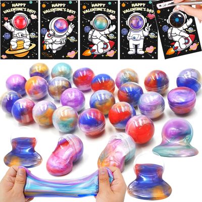28 Pack Valentines Day Gifts for Kids Classroom with Galaxy Slime Kit Valentines Day Cards for Kids Class, Valentines for School Valentines Exchange Cards Party Favors Classroom Exchange Gift Set