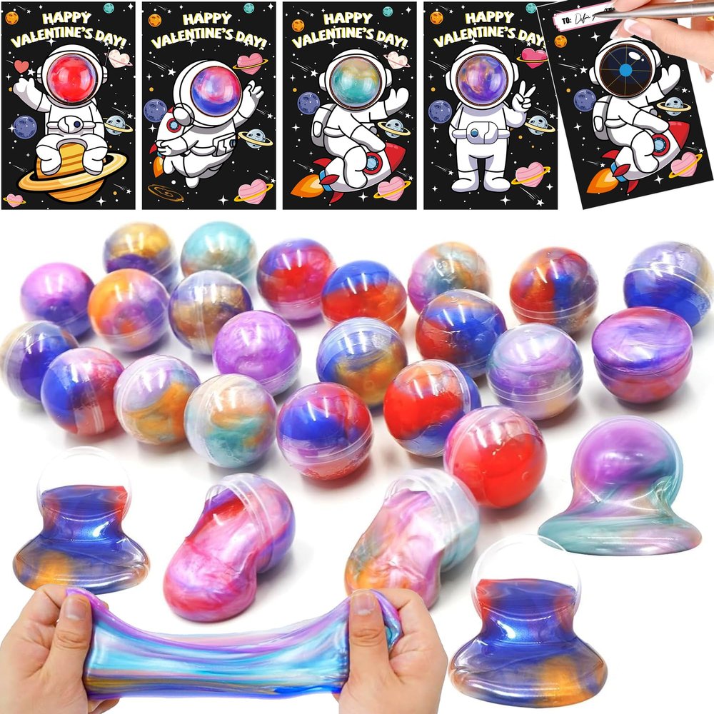 28 Pack Valentines Day Gifts for Kids Classroom with Galaxy Slime Kit Valentines Day Cards for Kids Class, Valentines for School Valentines Exchange Cards Party Favors Classroom Exchange Gift Set