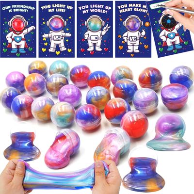 28 Pack Valentines Day Gifts for Kids Classroom Valentines Day Cards with Galaxy Slime for Kids School, Valentines for Class Valentines Exchange Cards Party Favors Classroom Exchange Gift Set