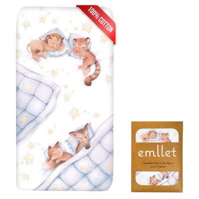 100% Cotton Fitted Crib Sheet, Woodland Dreams Sleeping Animal Pattern, Fox Fawn Lion Tiger, Standard 52 x 28 in Crib Mattress Fit