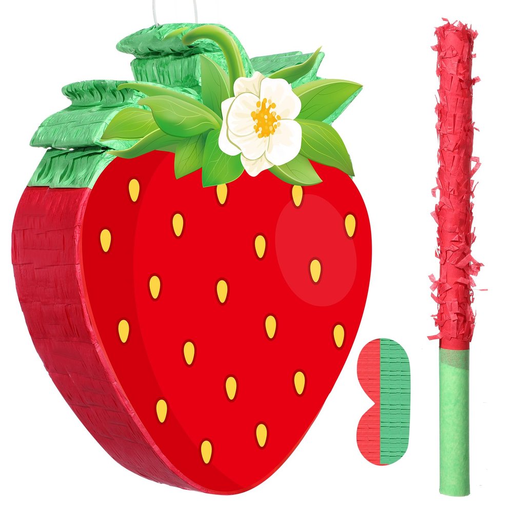 Aoriher Strawberry Piata Red Strawberry Party Game Set Summer Fruit Piata Berry Birthday Decoration with Stick and Mask for Summer Fruit Theme Birthday Baby Shower Party Game Supplies Decoration