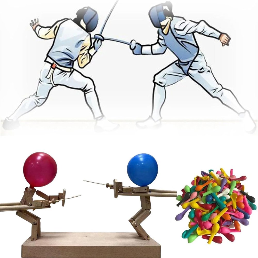 Agrifilm Balloon Bamboo Man Fighting 2024 Handmade Wooden Fencing Puppets 2 Man Fast Paced Balloon Fighting Adult Party Puppet Game Fun and Exciting (with 100pcs Balloons) (7.9 * 3.5 * 0.6in)