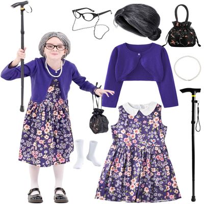 100 Days of School Old Lady Costume for Kids Girls,100th Day Old Lady Wig Granny Grandma Dress Up