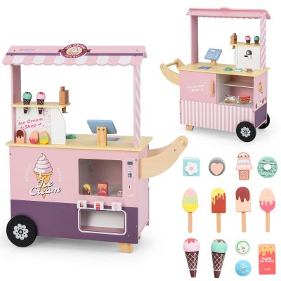 HONEY JOY Kids Ice Cream Cart & Shop, Wooden Grocery Store w/Play Food, Vending Machine, Ice Cream Maker, Screen, Dessert Display Stand, Truck - Gift for Boys & Girls (Pink)