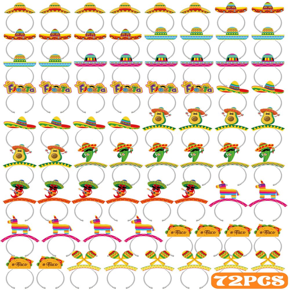72 PCS Cinco De Mayo Party Supplies, 12 Styles Cinco de Mayo Hats, Colorful Pattern Mexican Cardboard Sombrero Hat for Women, Fiesta Cactus Maracas Accessories for Mexican Carnival Party Supplies