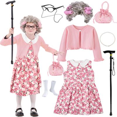 100 Days of School Old Lady Costume for Kids Girls,100th Day Old Lady Wig Granny Grandma Dress Up