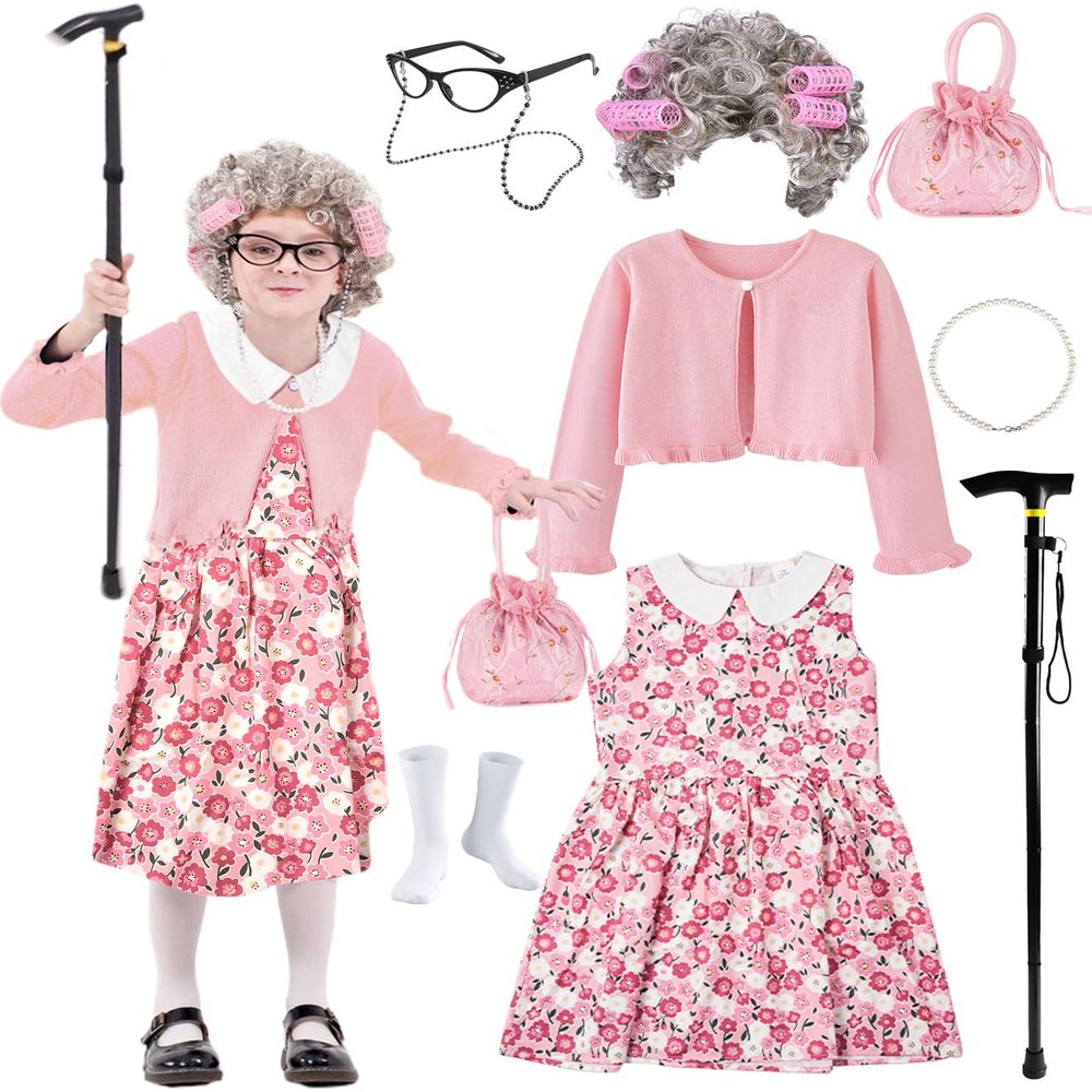 100 Days of School Old Lady Costume for Kids Girls,100th Day Old Lady Wig Granny Grandma Dress Up