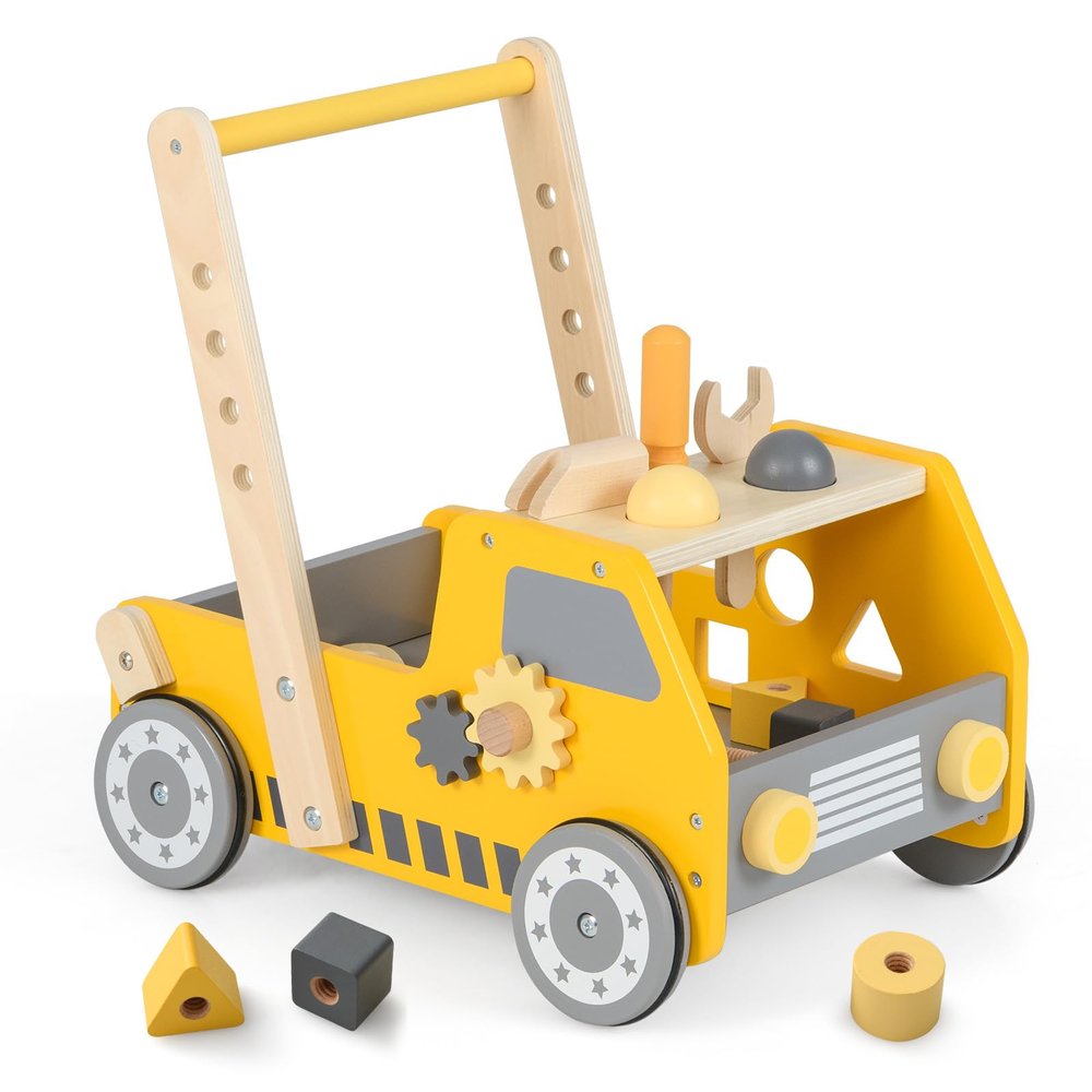 HONEY JOY Baby Push Walker, Adjustable Speed Baby Walker, Wooden Toy Tool Bench & Car Walker w/Shape Sorter, Develop Motor Skills & Creativity, Push Toys for Babies Learning to Walk, Gift, Yellow