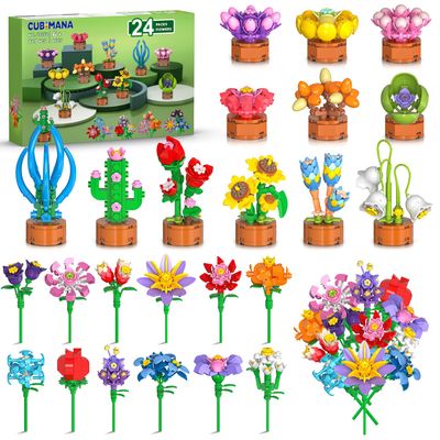 24 Pack Easter Basket Fillers Flowers Party Favors for Kids Building Set - 827PCS Botanicals Succulent 3.6MM Mini Building Blocks Toy for Goodie Bag Stuffer Classroom Prize Gift for Kids Girls Boys 6+