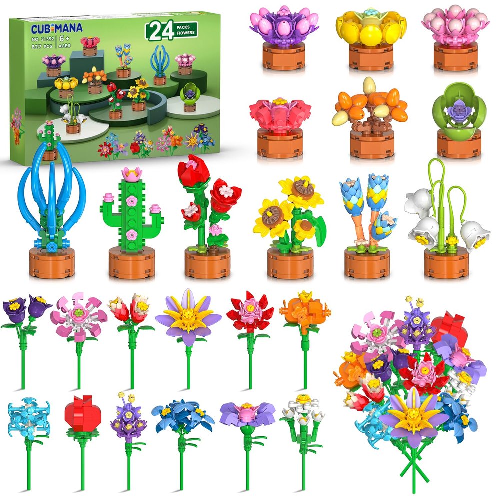 24 Pack Easter Basket Fillers Flowers Party Favors for Kids Building Set - 827PCS Botanicals Succulent 3.6MM Mini Building Blocks Toy for Goodie Bag Stuffer Classroom Prize Gift for Kids Girls Boys 6+