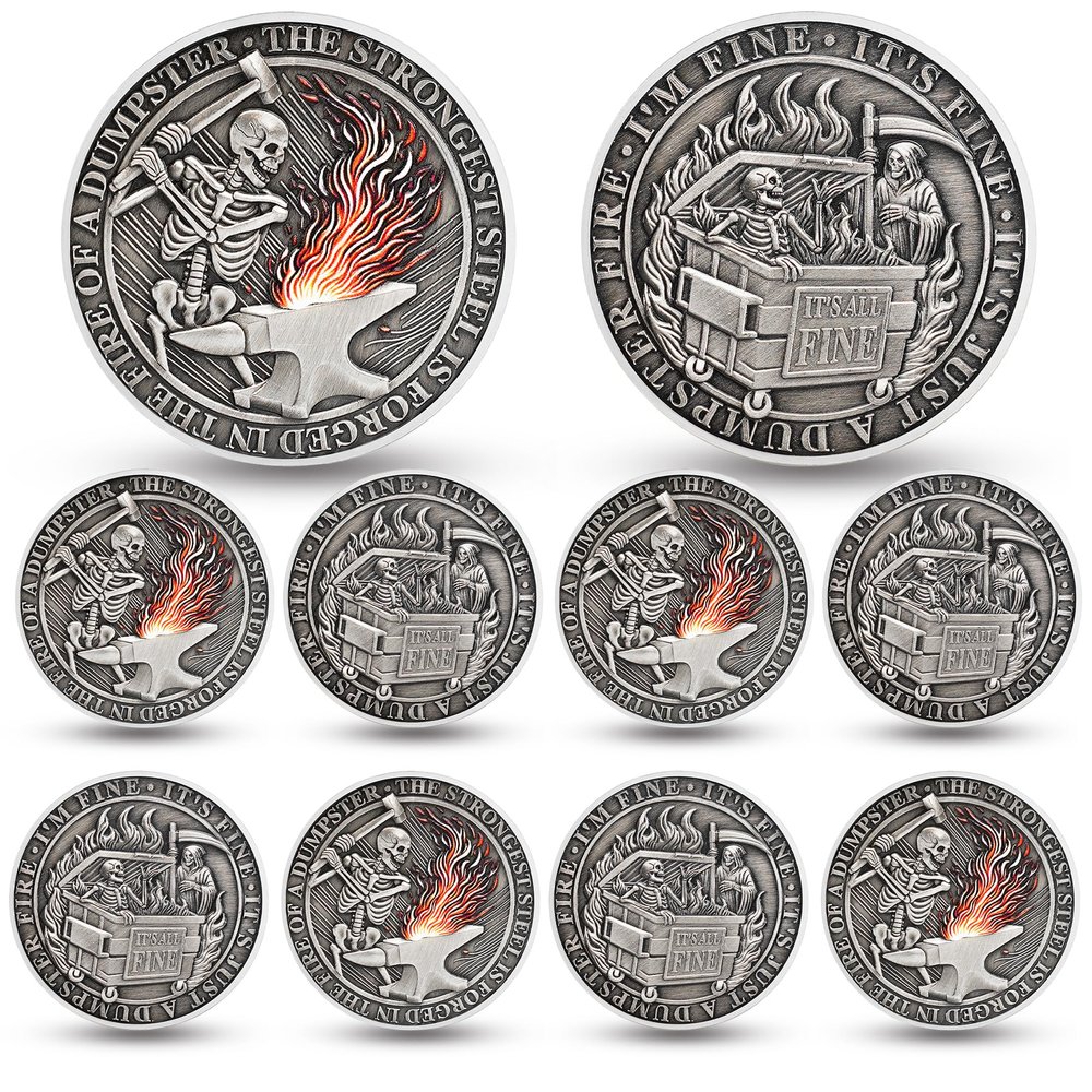 10PCS Skull Dumpster Fire Challenge Coin - The Strongest Steel is Forged Dumpster Fire Coin - Funny Desk Accessories for Work - Hilarious Coworker Go Away Token - Inspirational Gifts for Men Women