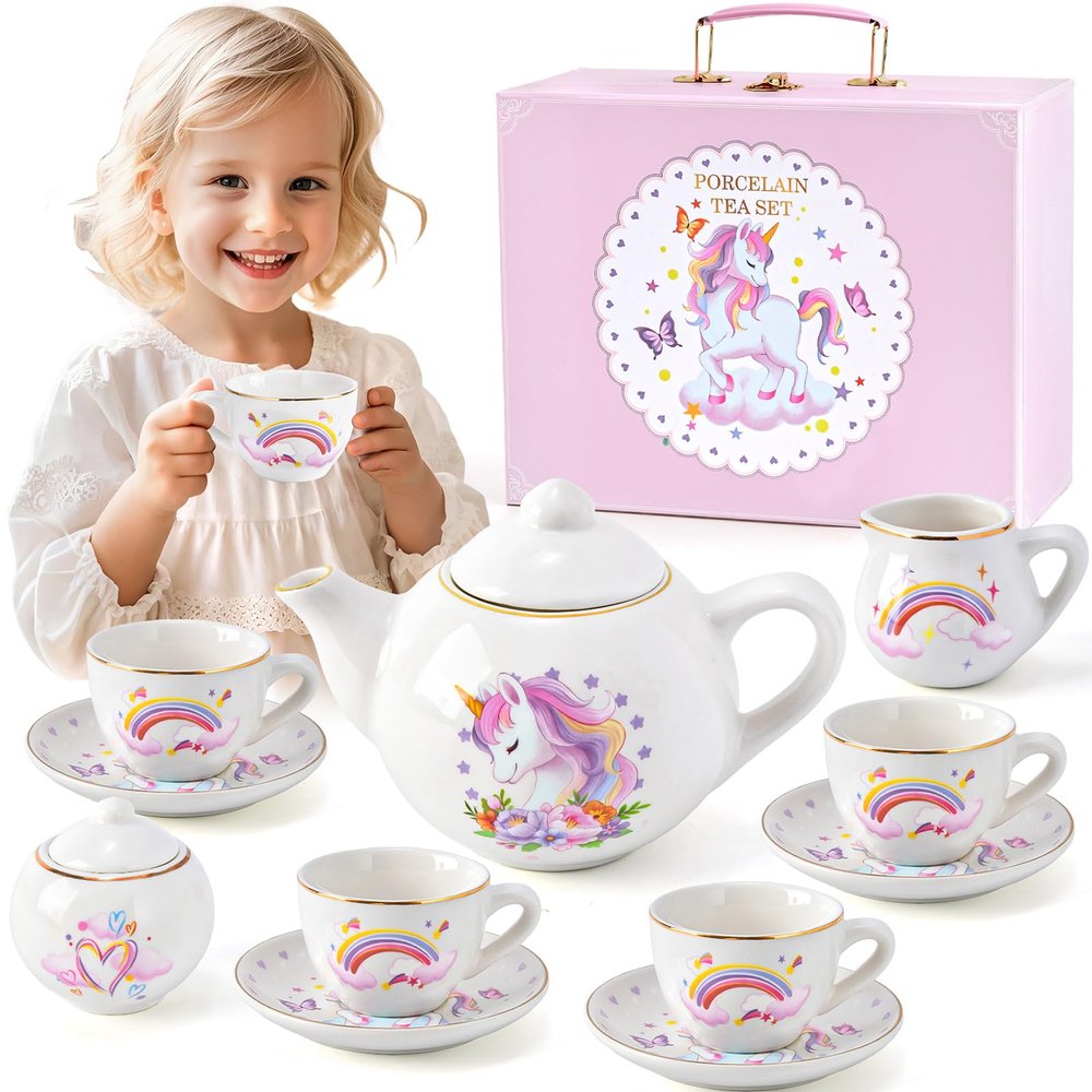 TUZT Porcelain Tea Party Set for Little Girls Kids Toddlers, 13Pcs Unicorn Tea Set - Teapot & Cup & Saucer & Suitcase,Pretend Play Toys Kitchen Set - Christmas Birthday Gift for Girls