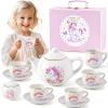TUZT Porcelain Tea Party Set for Little Girls Kids Toddlers, 13Pcs Unicorn Tea Set - Teapot & Cup & Saucer & Suitcase,Pretend Play Toys Kitchen Set - Christmas Birthday Gift for Girls view 1