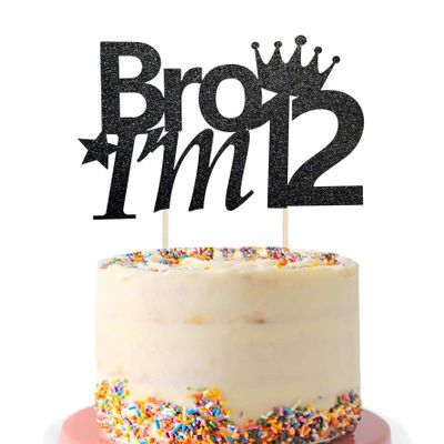 12th Birthday Cake Topper, Black Glitter Bro I'm 12 Cake Pick Cheers to 12 Years Old Cake Decorations for Boys Him Pre-teen 12th Party Supplies Twelve Years Birthday Topper (Black)