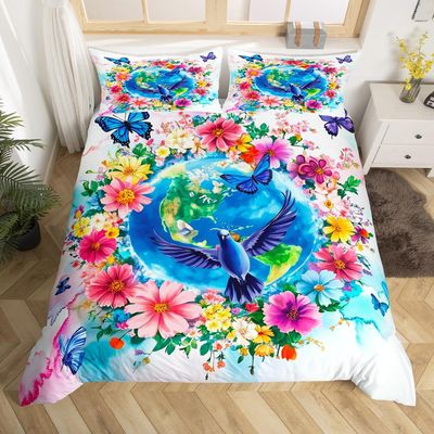 Retro Colorful Daisy Floral Duvet Cover Set Toddler Size,Blue Pigeon Bedding Set 2Pcs for Kids Girls Boys Teens Room Decor,Watercolor Tie Dye Art Comforter Cover Peace Sign Quilt Cover,1 Pillowcase
