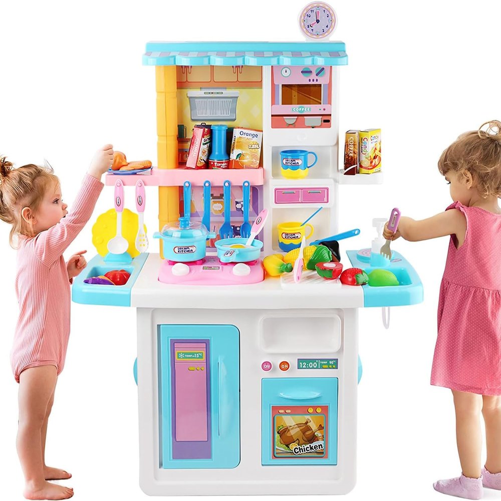Kids Kitchen Playset with Lights and Sounds  Pretend Play Kitchen Set for Girls, Featuring a Cooking Stove with Steam, Play Sink, and Cutting Food Toys