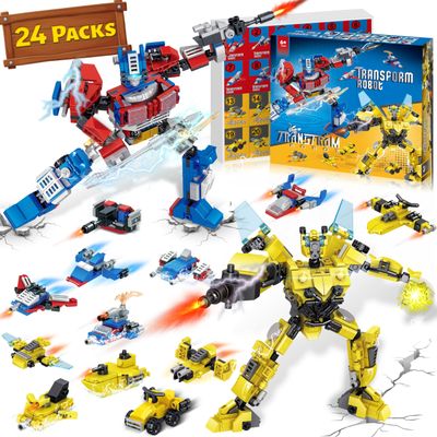 24 Packs Party Favors for Kids - Transform Robot Building Blocks, 12-in-1 Creative Action Mech Toy Building Set for Classroom Prizes Goodie Bags Stuffers for Kids, Children's Day Gifts for Boys Girls