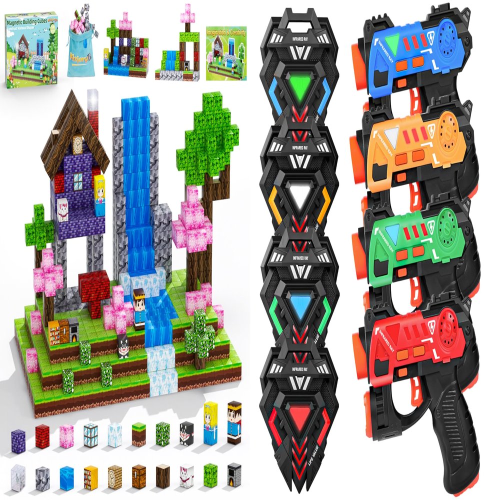 KIZJORYA Kids Toys with Laser Tag Guns Set and 108 PCS Magnetic Building Blocks
