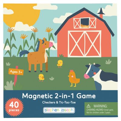 Stephen Joseph, Magnetic Checkers and Tic-Tac-Toe, 40 pc Magnetic 2 in 1 Travel Play Set Fun Game for Families, Ideal for Ages 3+ Travel Game for Kids with Travel Tin, Farm
