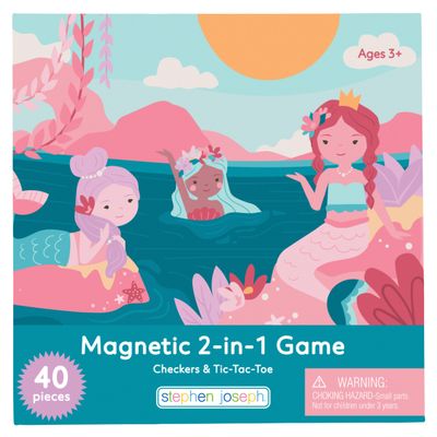 Stephen Joseph, Magnetic Checkers and Tic-Tac-Toe, 40 pc Magnetic 2 in 1 Travel Play Set Fun Game for Families, Ideal for Ages 3+ Travel Game for Kids with Travel Tin, Mermaid