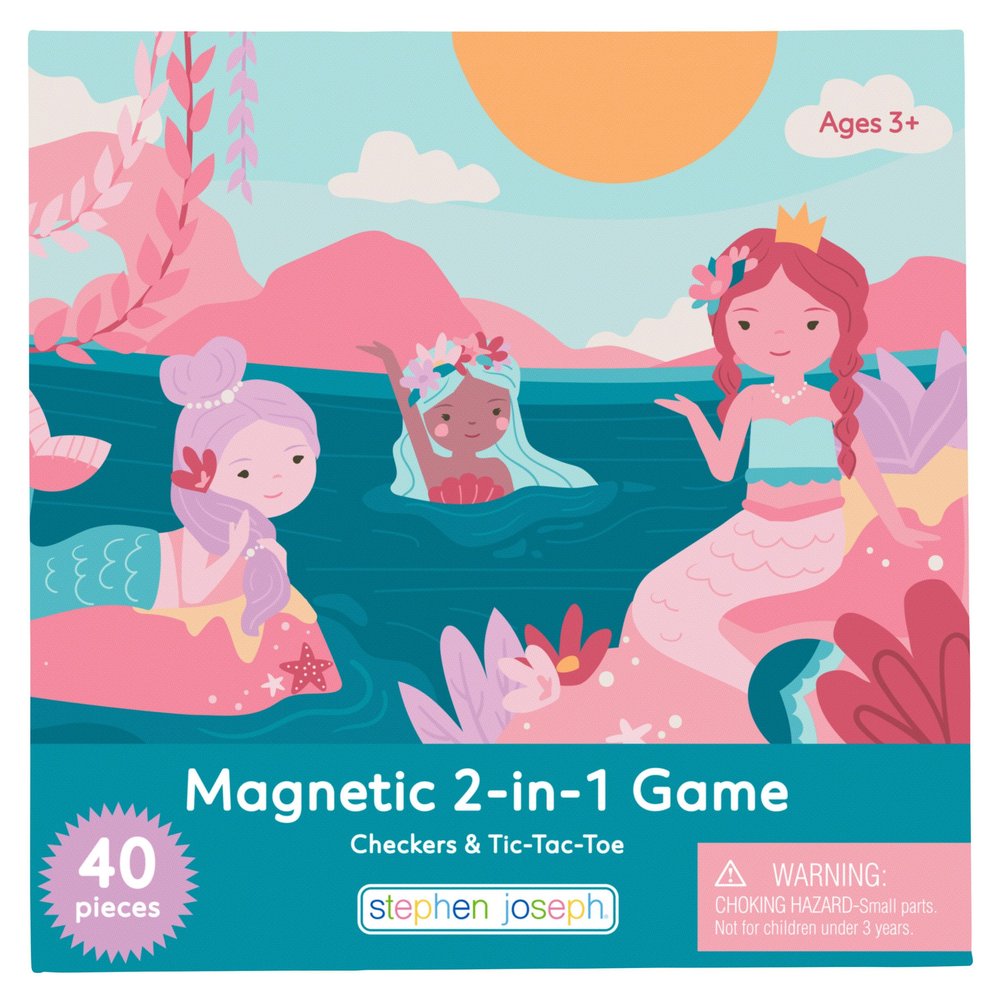 Stephen Joseph, Magnetic Checkers and Tic-Tac-Toe, 40 pc Magnetic 2 in 1 Travel Play Set Fun Game for Families, Ideal for Ages 3+ Travel Game for Kids with Travel Tin, Mermaid