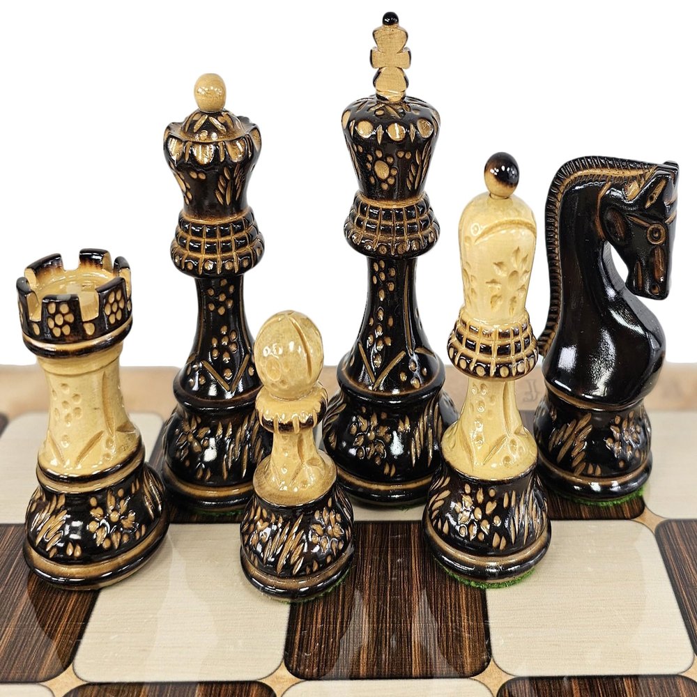 4 Queens Burnt Black Boxwood Zagreb 3 3/4 inch King Staunton Chess Men Set - NO Board