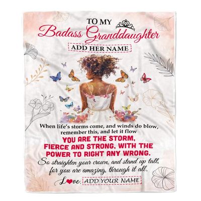 TeesReal Personalized to My Badass Granddaughter Blanket from Grandma Grandpa Floral Butterfly African Afro Girl Granddaughter Birthday Gifts Christmas Fleece Blanket (30 x 40 in Baby Size)