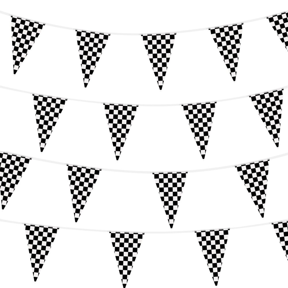 100ft Checkered Flag Banner, Racing Flags Race Car Wheels Birthday Party Decorations, Car Themed Party Decor Supplies 48pcs Double Sided Black and White Checkered Pennant Banner Flags for Nascar Fans