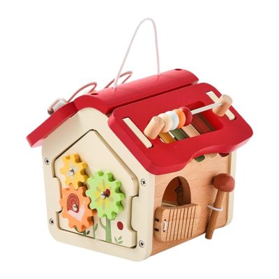 Simhoa Wooden Activity Cube Montessori Toys Wooden House Toy for Toddlers, red