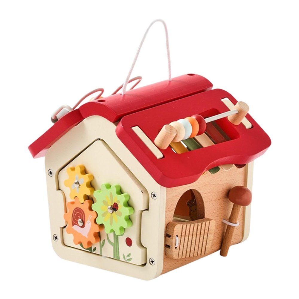 Simhoa Wooden Activity Cube Montessori Toys Wooden House Toy for Toddlers, red