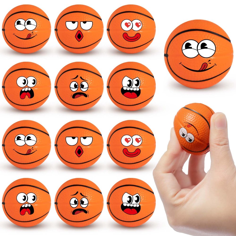 12 Pack Basketball Stress Balls with 6 Funny Faces - 1.57 Inch Mini Squishy Basketball Party Favors, Goodie Bag Stuffers, Classroom Treasure Box Prizes, Teen Anxiety Relief Toys & Kids Birthday Gifts