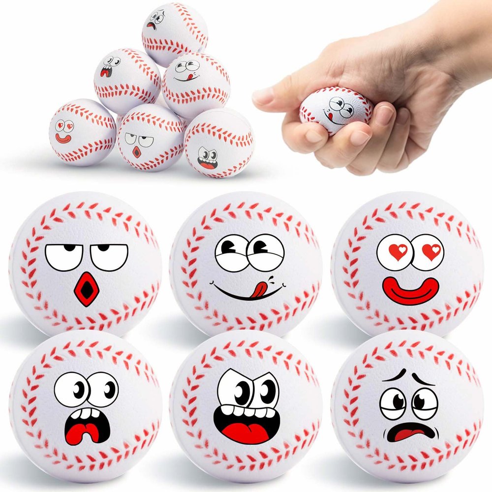 12 Pack Baseball Stress Balls with 6 Funny Faces - 1.57 Inch Mini Squishy Baseball Party Favors, Goodie Bag Stuffers, Classroom Treasure Box Prizes, Teen Anxiety Relief Toys & Kids Birthday Gifts