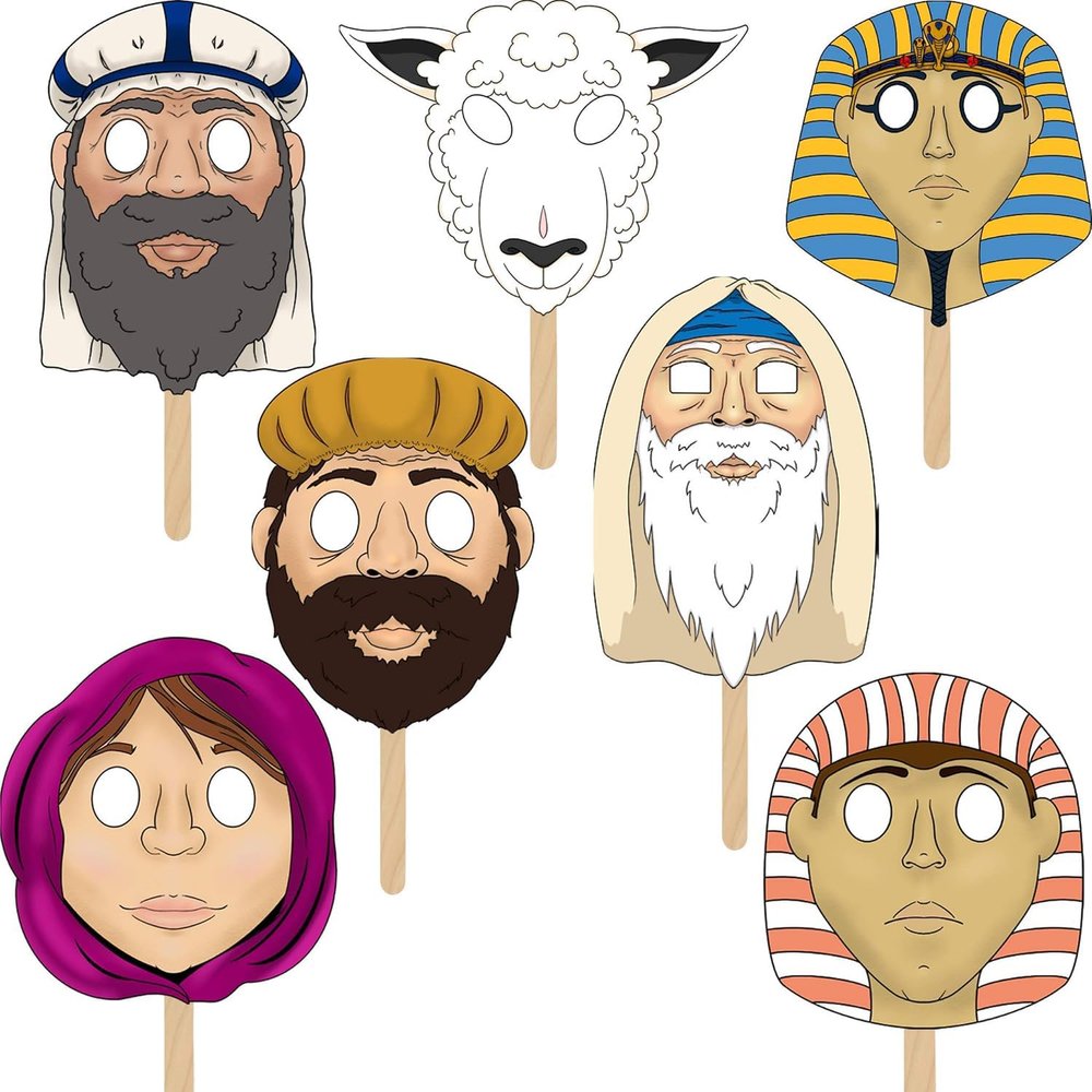 The Dreidel Company 25 Sets Passover Character Masks, Laminated Pesach Stick Puppets for Seder, 7 Masks Per Set
