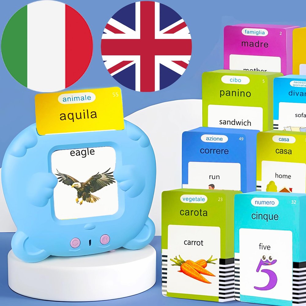 KILOGOGRAPH Bilingual English Flash Cards - Italian Talking Flash Cards, 510 Sight Words 31 Themes, Pocket Speech for Toddlers 3-12, Autism Sensory Toys, Preschool Learning Activities (Italian, Blue)