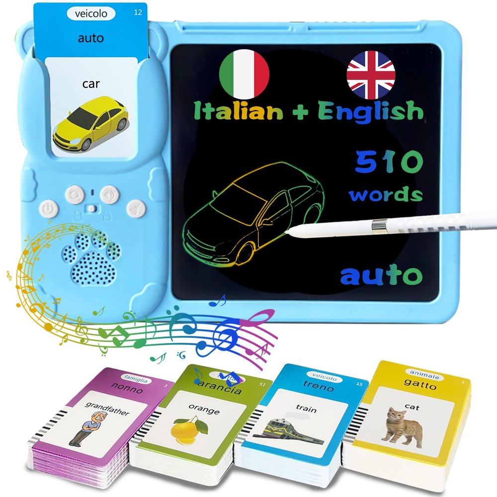 KILOGOGRAPH Drawing Writing Tablet for Toddlers - Talking Italian English Flash Cards Bilingual for Kids 3-12, Sensory Toys for Autistic Children, 510 Sight Words, Pocket Speech (Italian, Blue)