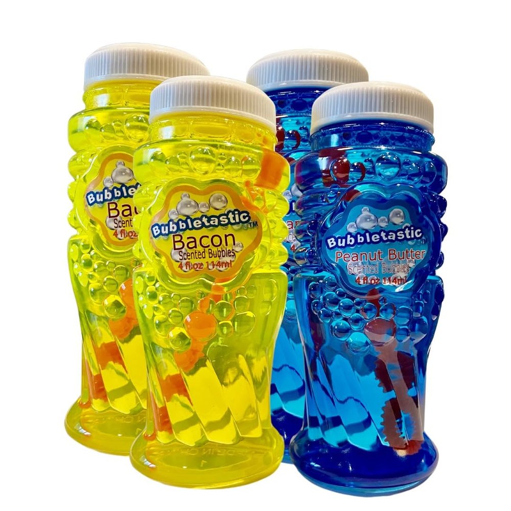 Bubbletastic Dog Bubbles, 4 Pack, 2 Bacon and 2 Peanut Butter, 4 oz Each, Non-Toxic